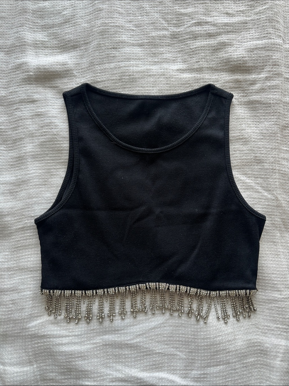 Cider Black Cropped Tank with Silver Crystal Fringe